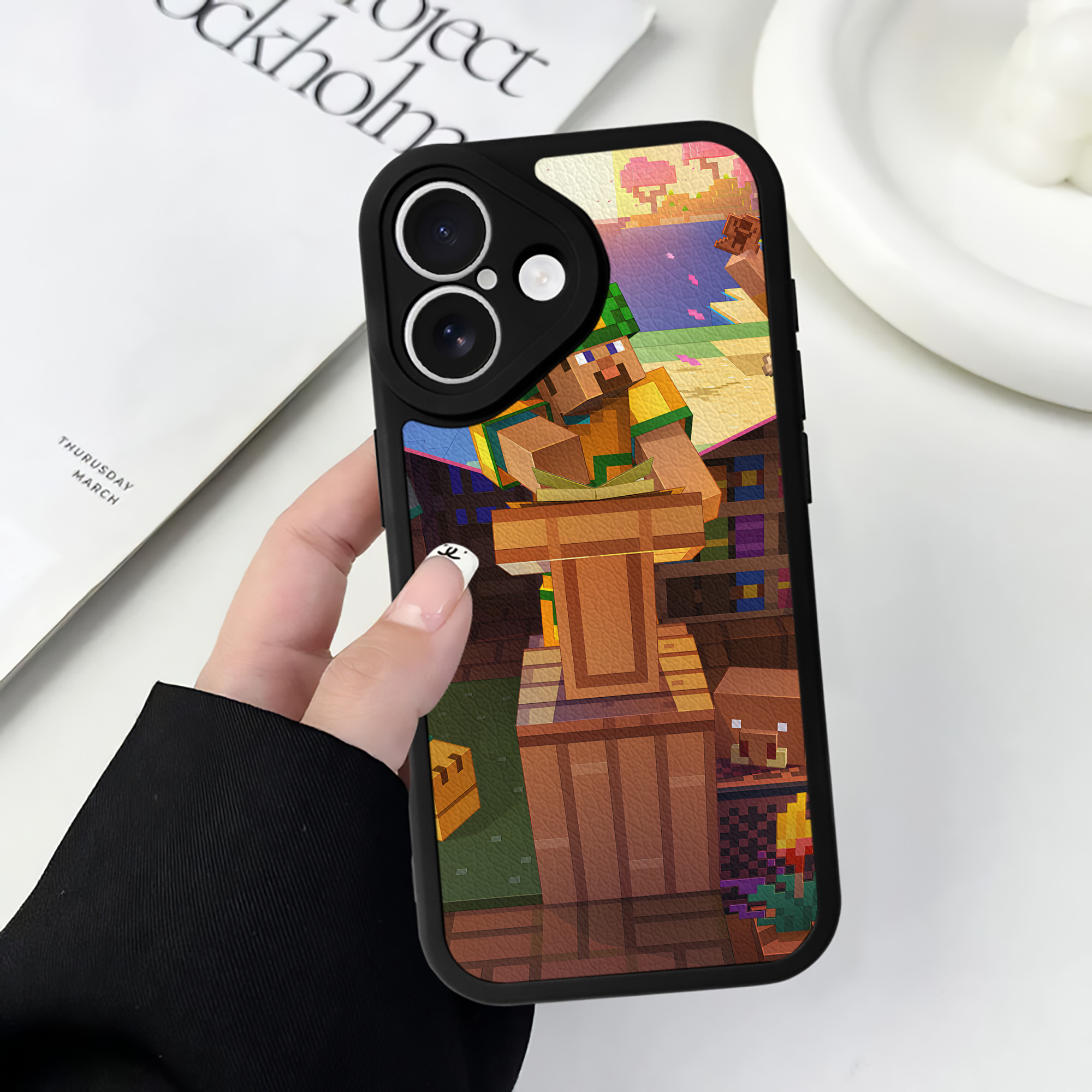 （画像用） マインクラフト ブロックの世界 Minecraft MC Block world 【iPhone 16シリーズ対応】シリコンスマホケース（レザー調） 材質：シリコン